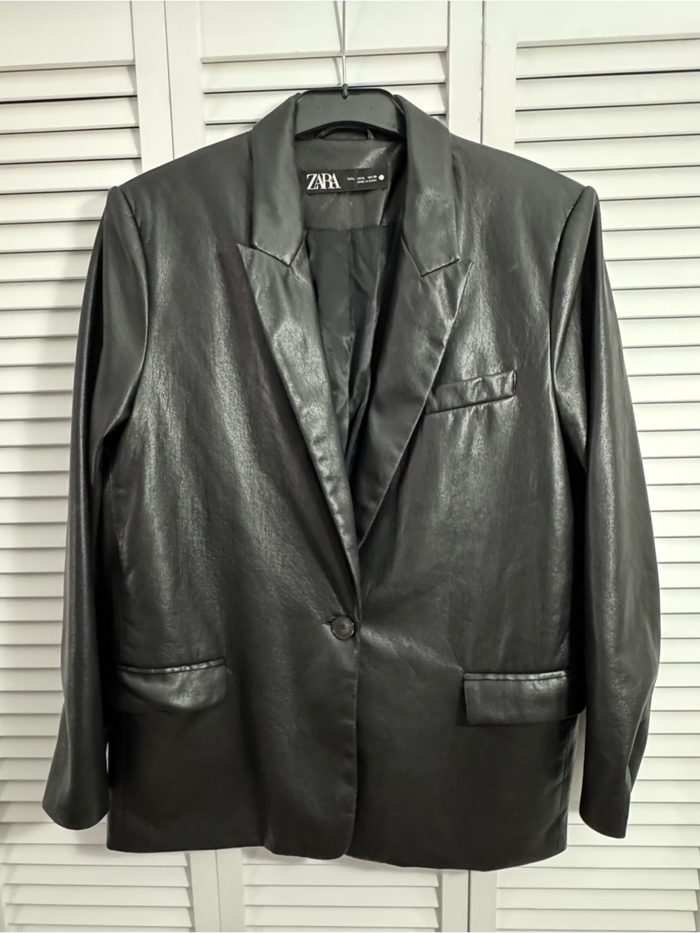 NWOT Zara Women’s L Faux Leather Blazer Jacket | Black | Oversized | Lined